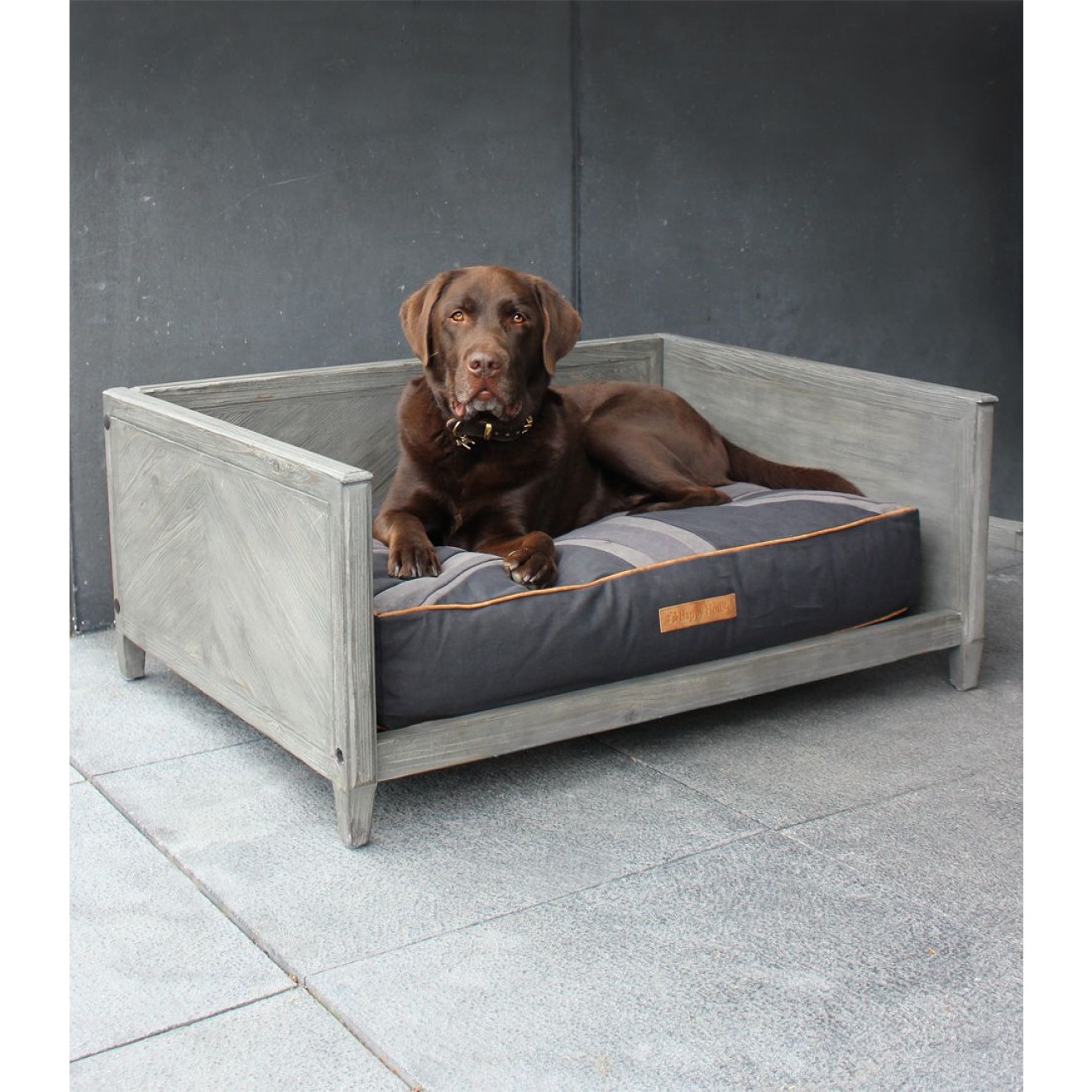 Edles Holz-Hundesofa Fischgrätmuster grau