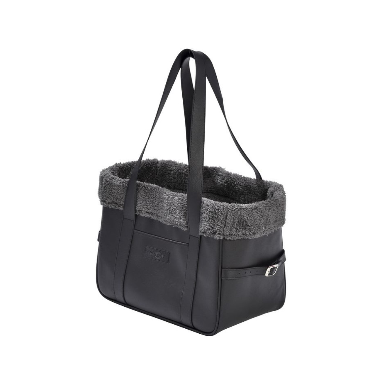 Edle schwarze Hundetasche mit grauem Kuschel-Kunstfell