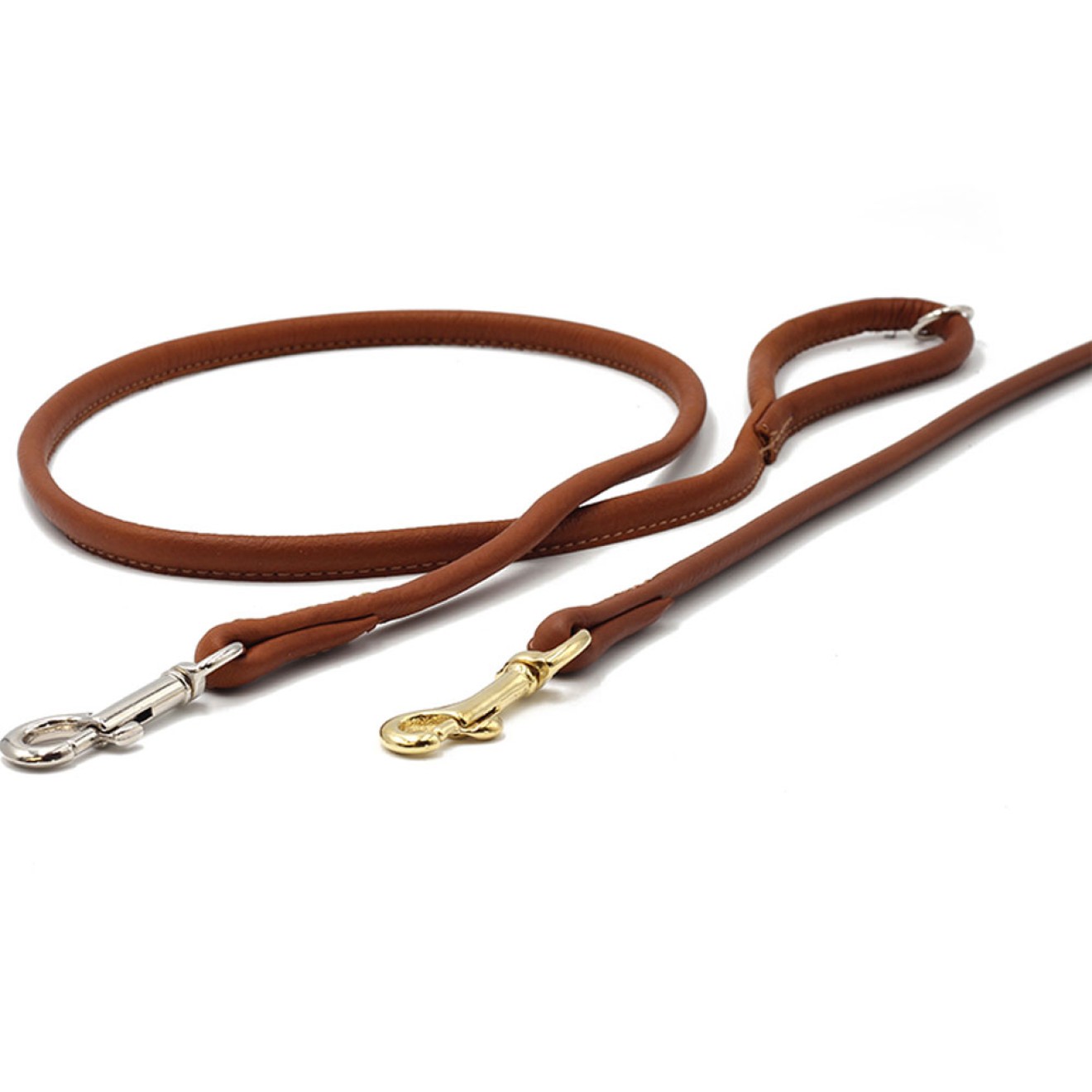 Rundgenähte Rindsnappa-Leine cognac-braun 120, 200, 300 cm