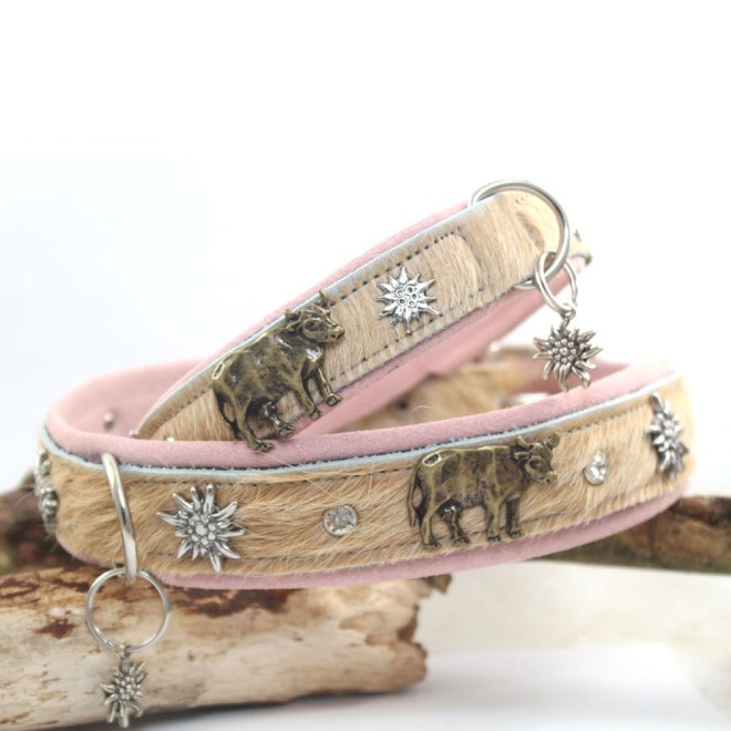 Fell-Hundehalsband Alpenlook mit Kühen & Edelweiß rose