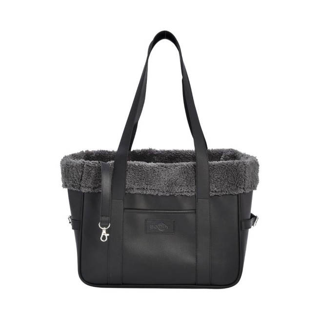 Edle schwarze Hundetasche mit grauem Kuschel-Kunstfell
