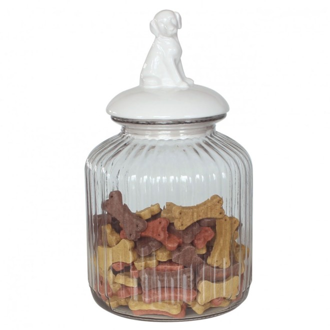 Glas-Leckerlidose mit Hundefigur weiß
