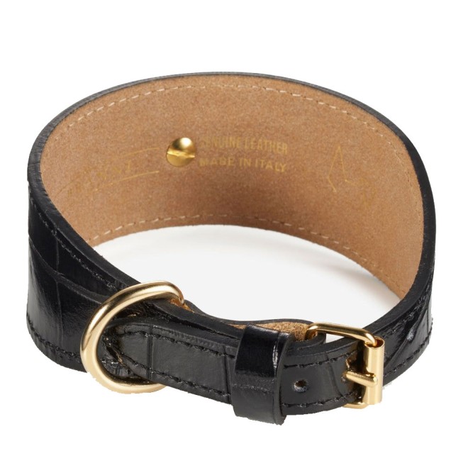 Windhundhalsband Milano mit Krokoprägung Leder schwarz