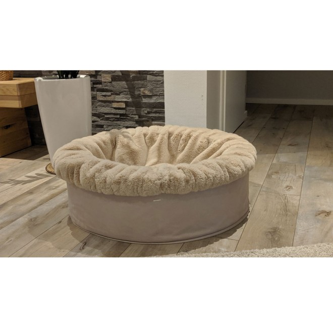 Rundes Hundebett mit Buddeldecke in Nerzfell-Optik creme