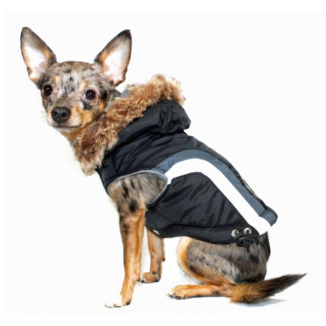 Hundeparka mit Fellkragen Alpine Black Gr. M Rücken 30 cm