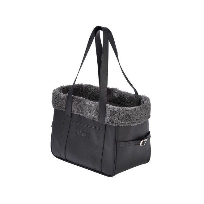 Edle schwarze Hundetasche mit grauem Kuschel-Kunstfell