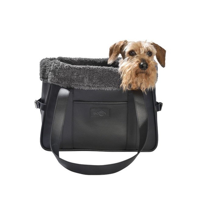 Edle schwarze Hundetasche mit grauem Kuschel-Kunstfell