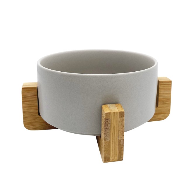 Hundenapf Keramik grau mit Holz-Gestell Bambus