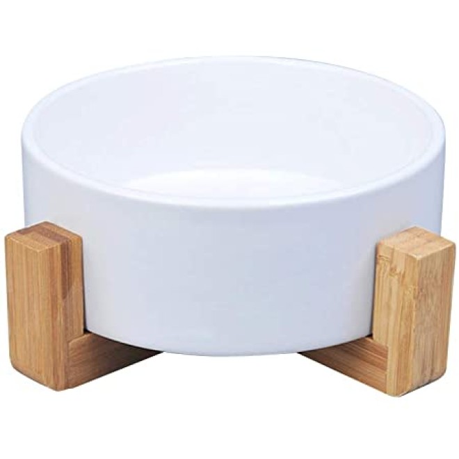 Keramik-Hundenapf weiß mit Gestell aus Bambus-Holz