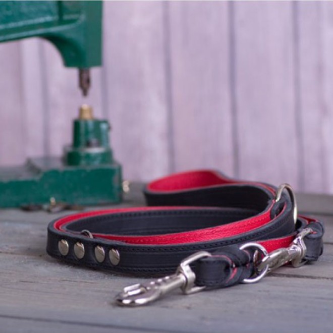 Verstellbare Führleine Leder schwarz/rot handgefertigt