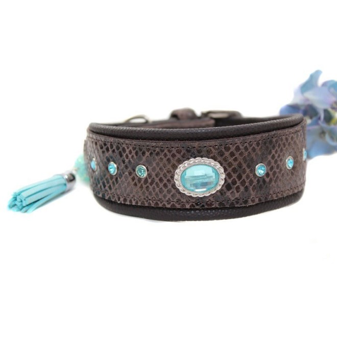 Windhundhalsband Snake braun/türkis mit Quaste