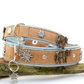 Fell-Hundehalsband Alpenlook mit Kühen & Edelweiß hellblau