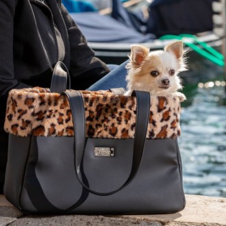 Exklusive Hundetasche Venezia mit Kuschelfell Leopard